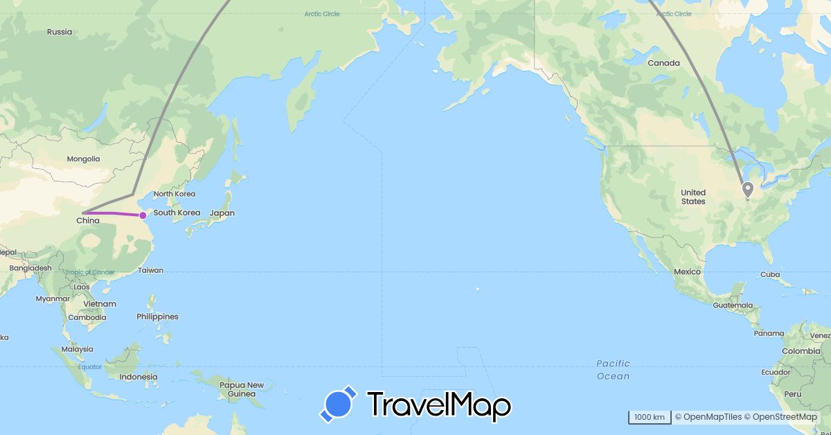 TravelMap itinerary: driving, plane, train in China, United States (Asia, North America)